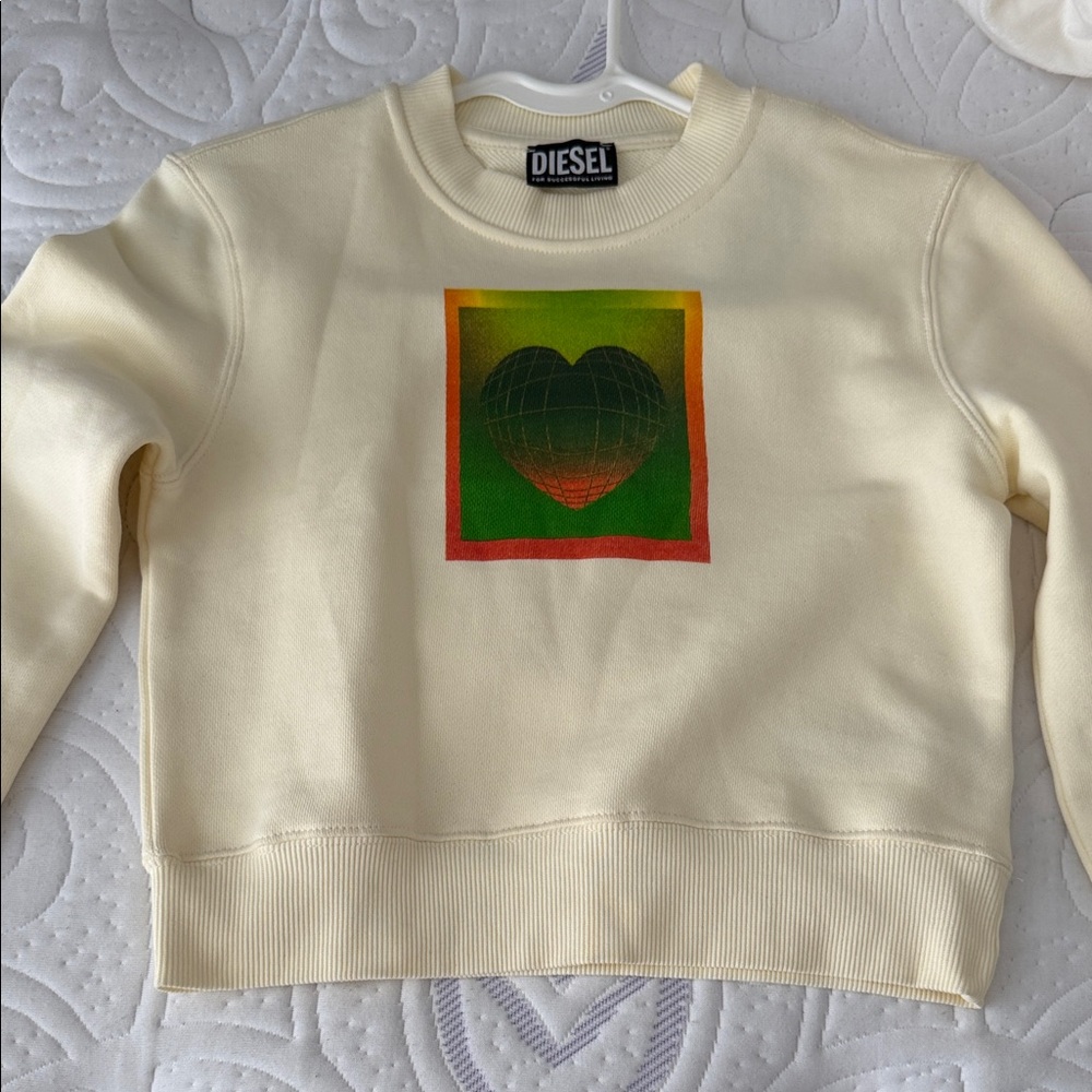 Diesel Cream Sweatshirt with Green-Red Heart Print